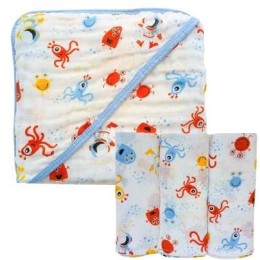 Imagem de Kit Toalha de Banho Bebê Soft com Capuz 100% Algodão + Fralda Estampada Dupla Camada Enxoval (Monstrinho)
