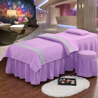 Imagem de Conjuntos de lençóis de mesa de massagem e saia de cama de beleza 4 peças colchas de salão de spa simples macias de cor sólida para salão de beleza saia de cama com furo massagem shampoo conjunto de