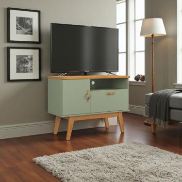 Imagem de Rack Retrô Sirius para TV 2 portas pés madeira puxadores de couro Patrimar