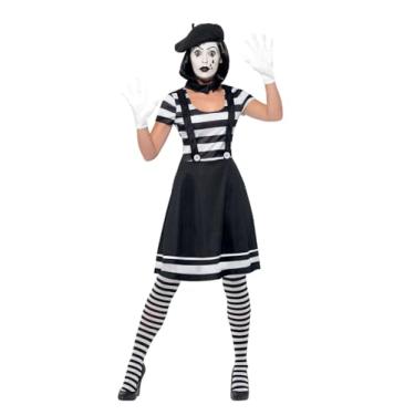 Imagem de Smiffys Fantasia Pantomime para mulheres, vestido preto, gola, boina, luvas, meia-calça e maquiagem