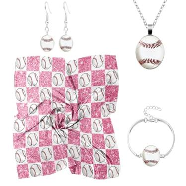 Imagem de Conjunto de joias esportivas de beisebol, lenço de cabeça de glitter rosa com padrão de beisebol branco, pulseira de brincos de colar de prata, cachecol de 89 x 89 cm, conjunto de 5 peças