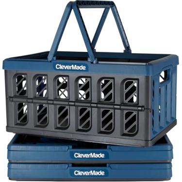 Imagem de CleverMade Cesta de compras dobrável, oceano, pacote com 3 – 24 L, cestas de compras de plástico reutilizáveis, comporta 11 kg por cesta – pequenas caixas de armazenamento dobráveis com alças