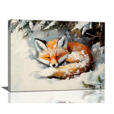 Imagem de Kylora Arte de parede de raposa, decoração de parede de imagens de raposa, impressões em tela de pintura de animais de inverno, arte emoldurada para banheiro, quarto, sala de estar, escritório