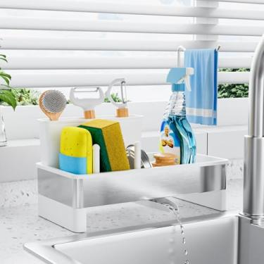 Imagem de Suporte de esponja para pia de cozinha, organizador de rack de pia de aço inoxidável com suporte de pano e escova, bandeja de armazenamento de sabão de bancada e suporte de esponja, essencial de