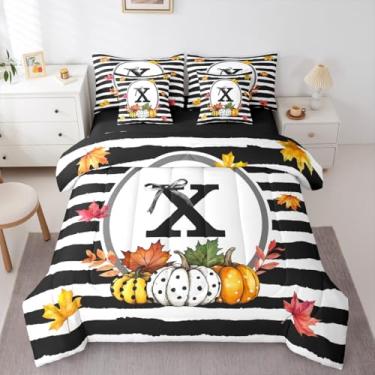 Imagem de Erosebridal Conjunto de edredom com laço alfabético preto, branco, geométrico, colheita de outono, abóbora, 7 peças, letra X, cama em uma bolsa, tamanho solteiro, para crianças e adultos, conjunto de