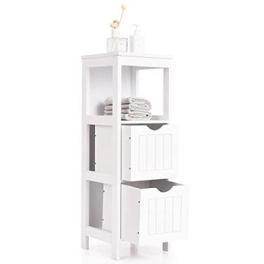 Imagem de GLACER Armário de armazenamento de chão, armário de banheiro de madeira independente com duas gavetas removíveis, ideal para banheiro, sala de estar, quarto ou quarto do bebê, 30 x 30 x 89 cm (branco)