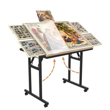 Imagem de Doerpuz Mesa dobrável com gavetas 1500 peças, mesa de quebra-cabeça inclinável ajustável de 89 x 66 cm para adultos, design portátil com pernas, rodas bloqueáveis e capa protetora