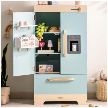 Imagem de Geladeira Educativa ROBUD com Máquina de Gelo, Mini Geladeira de Madeira para Crianças, Cozinha de Brinquedo com Acessórios