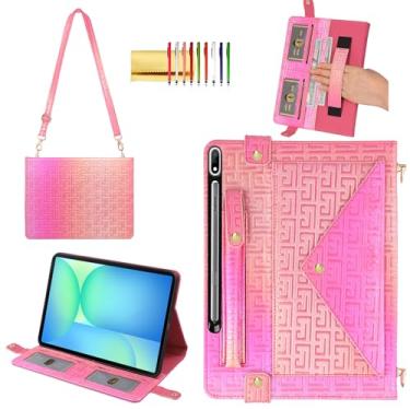 Imagem de Capa brilhante para Samsung Galaxy Tab S10 FE+/S10 FE Plus 33.3 cm, capa carteira com suporte para caneta + compartimentos para cartões + alça de mão + alça de ombro, rosa brilhante
