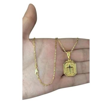Imagem de Cordão Tijolinho 1mm + Pingente Cruz Fio - Banhado A Ouro - ToJoia18k,