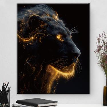 Imagem de Pôster de arte de parede em tela estética de leão e animal preto e dourado - decoração de parede em ouro preto para sala de estar quarto dormitório 20 x 25 cm emoldurado