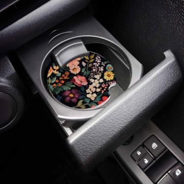 Imagem de Conjunto de 2 porta-copos de carro de flores em aquarela, porta-copos de pedra de cerâmica absorvente pastoral retrô com entalhe de dedo para facilitar a remoção do porta-copos automotivo