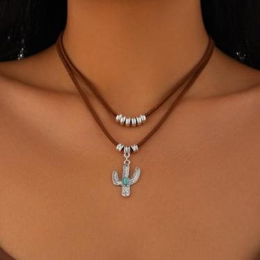 Imagem de Colar gargantilha ocidental em camadas turquesa com pingente de vaca e rodeio para mulheres, conjunto de colares com contas de camada dupla, joias vintage, adjustable, Metal, Sem Pedra Preciosa