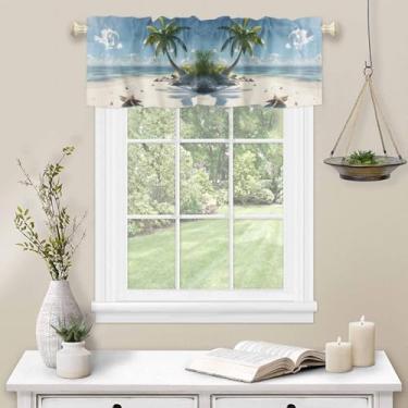 Imagem de Cortina Valance Cortina de cozinha de coqueiro para janela, verão, praia, estrela-do-mar, bolso para varão, sanefa, cozinha, tratamento de janela para quarto, sala de estar, 107 x 30 cm