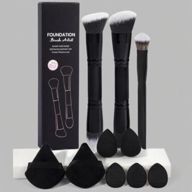 Imagem de Conjunto de pincéis de maquiagem, 10 peças, pincéis de maquiagem sintéticos premium de ponta dupla para base em pó, corretivos e kits de maquiagem, preto