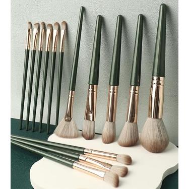 Imagem de Kit de pincéis de maquiagem de 14 peças (verde) – Conjunto de ferramentas de beleza profissional para maquiagem de rosto e olhos, base, pó e mistura