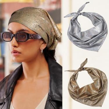 Imagem de Cachecol de cabeça para mulheres e meninas - 2 cachecóis de cabelo bandana triangular, preto dourado 2 + prata preta 2