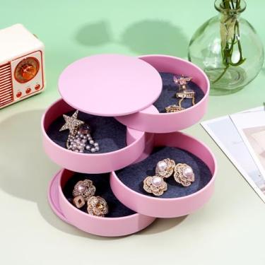 Imagem de Organizador de joias, pequena caixa de armazenamento de joias com tampa, bandeja de enfeite de cabeça giratória de 4 camadas, organizador de viagem redondo para anéis de presente, pulseiras, pulseiras