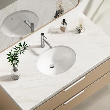 Imagem de Enbol Pia de banheiro de cerâmica oval de 40,6 x 33 cm - Lavatório de vaso de porcelana branca com transbordamento, pia de bancada ECU1613-1