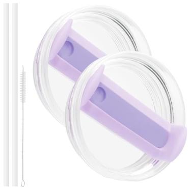 Imagem de Zorfeter Pacote com 2 tampas roxas de substituição, tampa de copo à prova de vazamento, tampa de copo resistente a derramamentos para copo Stanley de 1,134 g com 2 canudos longos reutilizáveis e 1