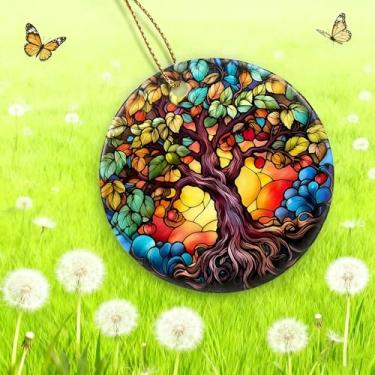 Imagem de 1 peça de enfeites de Natal para pendurar – árvore da vida colorida com folhas vibrantes, ideal para decoração de árvore de Natal, decoração de casa, lembrancinha de presente de festa de fim de ano