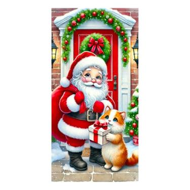 Imagem de Blissyard Capa de porta de Natal de Papai Noel com gato, 89 x 189 cm, decoração de férias dupla face com guirlanda vermelha, guirlanda verde, neve e presentes para decoração de varanda de inverno
