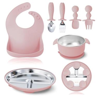 Imagem de Conjunto de alimentação para bebês e crianças pequenas de aço inoxidável 304 - pratos divididos por sucção, tigelas, garfo de colher de silicone e inoxidável, babador de bolso inquebrável, lavável na