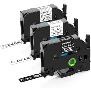 Imagem de Marca compatível com fita de substituição para Brother P Touch Tze-131 Tze-231 Tze-335 Fita de etiqueta 12 mm (preto em transparente/branco e preto) para rotulador P-Touch PT-D210, laminado, pacote com 3
