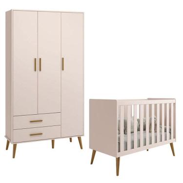 Imagem de Berço Americano E Guarda Roupa Infantil 3 Portas Isis Rosa Acetinado - Reller