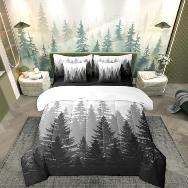 Imagem de Erosebridal Conjunto de edredom com floresta esfumaçada, tamanho king, preto, cinza, montanha enevoada, 7 peças, natureza, árvore, para crianças, adolescentes, adultos, homens, mulheres, cenário de