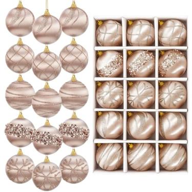 Imagem de HyDren 15 peças de enfeites de bola de Natal champanhe, 6 cm, decoração de árvore de Natal de seda luxuosa, à prova de estilhaçamento, enfeites de bola de cetim a granel para decoração de festa de
