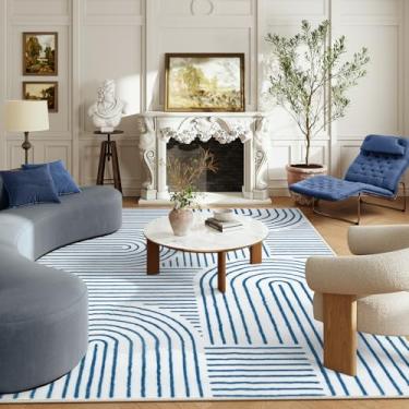 Imagem de Lahome Tapete abstrato 15 x 23 cm, macio e lavável para sala de estar, ultrafino, antiderrapante, tapete azul moderno, resistente a manchas, fácil de limpar, para sala de jantar, escritório, (1,8 m x