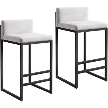 Imagem de Conjunto De 2 Banquetas De Bar De Veludo Para Café Da Manhã Com Encosto - Pernas De Metal Preto, Apoio Para Os Pés, Banquetas De Balcão Para Pub, Bar, Cafeteria - Al, Grey, Seat Height 65cm