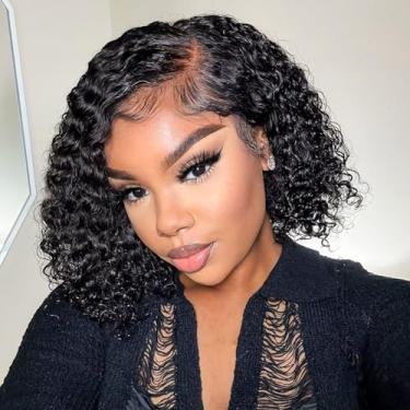 Imagem de Peruca Hihmarm Deep Wave Bob, cabelo humano, 13x6 HD, cacheado, renda frontal, cabelo humano, pré-arrancado, cacheado, perucas Bob para mulheres negras, peruca sem cola, cor natural, 12 polegadas