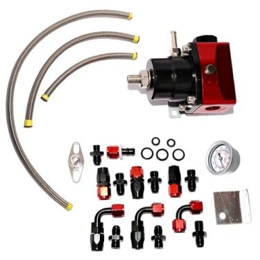 Imagem de ZTYAFEI Kit regulador de pressão de combustível EFI universal - alumínio preto + vermelho (0-100 PSI) com conexões de linha de combustível 6AN e medidor de pressão (preto e vermelho)