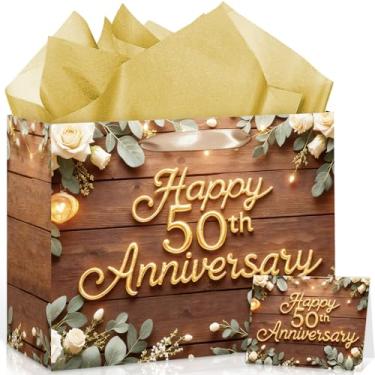 Imagem de Wayyogh Saco de papel floral de 50º aniversário de 50 anos, presente de aniversário de casamento, com papel de embrulho e cartão comemorativo para homens e mulheres, decoração de artigos de festa de