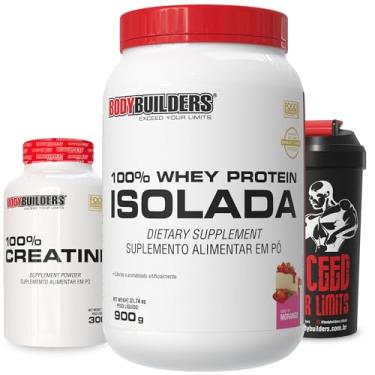 Imagem de Kit 100% Whey Protein Isolada 900g + Creatina Monohidrata 100% Pura 300g + Coqueteleira - Bodybuilders (Médio, Morango)