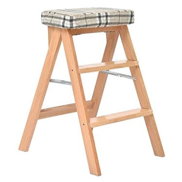 Imagem de BSNANCA Banqueta de bar dobrável banquinho multifuncional banquinho alto portátil criativo almofada de tecido de linho (cor marrom e original de madeira) Bancos de bar Altura do balcão (Cor: Log E