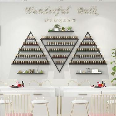 Imagem de ZDJZMGZ 6 conjuntos de suportes de armazenamento de esmalte de parede de metal, organizador de prateleiras de garrafas de óleo essencial, rack de exibição triangular para salão, loja e casa (preto)