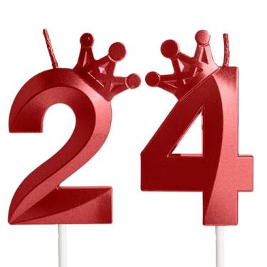 Imagem de Velas de aniversário vermelhas com coroa 3D, número 24, topo de bolo de feliz aniversário de 24 anos, 24 velas para decoração de festa de aniversário, decoração de casamento