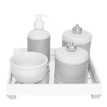 Imagem de Kit Higiene Espelho Bebe Pote Molhadeira Capa Coroa Prata - Potinho de