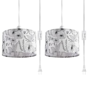Imagem de IHENGYANLT Pacote com 2 lâmpadas pendentes, luzes penduradas com cabo transparente de 4,5 m, interruptor liga/desliga, abajur de tecido floral, luminária suspensa para quarto, cozinha, sala de estar
