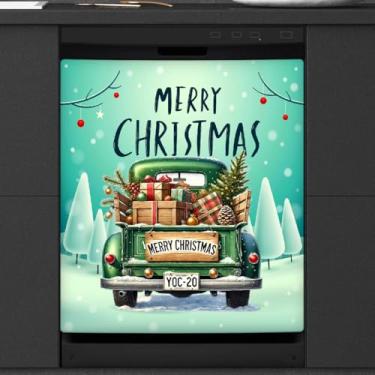 Imagem de Capa de ímã verde para lava-louças de caminhão de Natal, capas magnéticas para decoração de lava-louças, capa magnética para porta de geladeira, decalque de geladeira para cozinha, eletrodomésticos