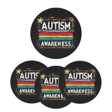 Imagem de Jogo americano redondo trançado de 32 cm, conjunto de 6 tapetes circulares laváveis com palavras e autismo, resistentes ao calor, para cozinha, mesa de jantar, festa de casamento, decoração de casa