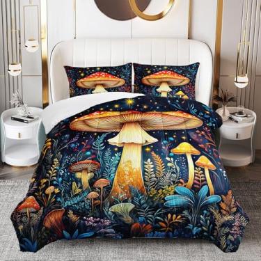 Imagem de AILONEN Conjunto de edredom Queen com desenho animado de cogumelo mágico, para crianças, meninas, céu estrelado, fungos naturais, colcha com 2 fronhas, 3 peças