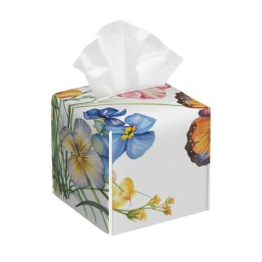 Imagem de Suporte quadrado de couro para caixa de lenços de papel, impermeável, borboletas, flor, simples, organizador de papel facial com cinto inferior, estojo de lenços para mesa, banheiro, escritório, mesa
