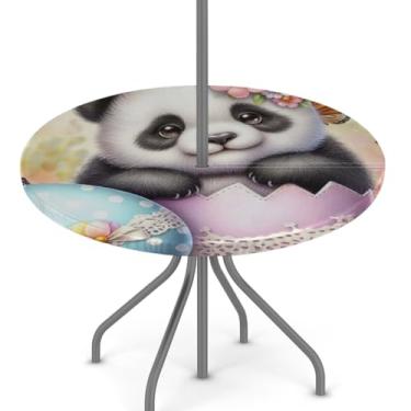 Imagem de hongjinglin Toalha de mesa de Páscoa para uso ao ar livre com orifício para guarda-chuva, toalha de mesa redonda elástica com zíper, impermeável, limpável, para piquenique, festa, pátio, serve para