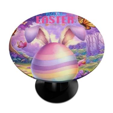 Imagem de hongjinglin Toalha de mesa redonda com borda elástica de Páscoa, toalha de mesa redonda limpável para ambientes internos e externos, pátio, jantar, cozinha, festival, decoração para mesas de 101 a 111