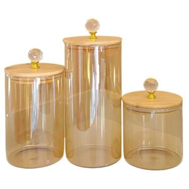 Imagem de Kit 3 Potes Porta Mantimento de vidro ÂMBAR CRISTAL LISO Luxo PMG com Opção de Bandeja(REDONDO LISO ÂMBAR CRISTAL)