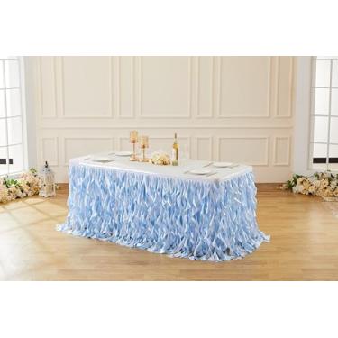 Imagem de Saia de mesa de lantejoulas azul claro de 1,8 m para mesas retangulares ou redondas, toalha de mesa tutu de salgueiro encaracolado, saia de mesa de lantejoulas para aniversário de princesa, festa